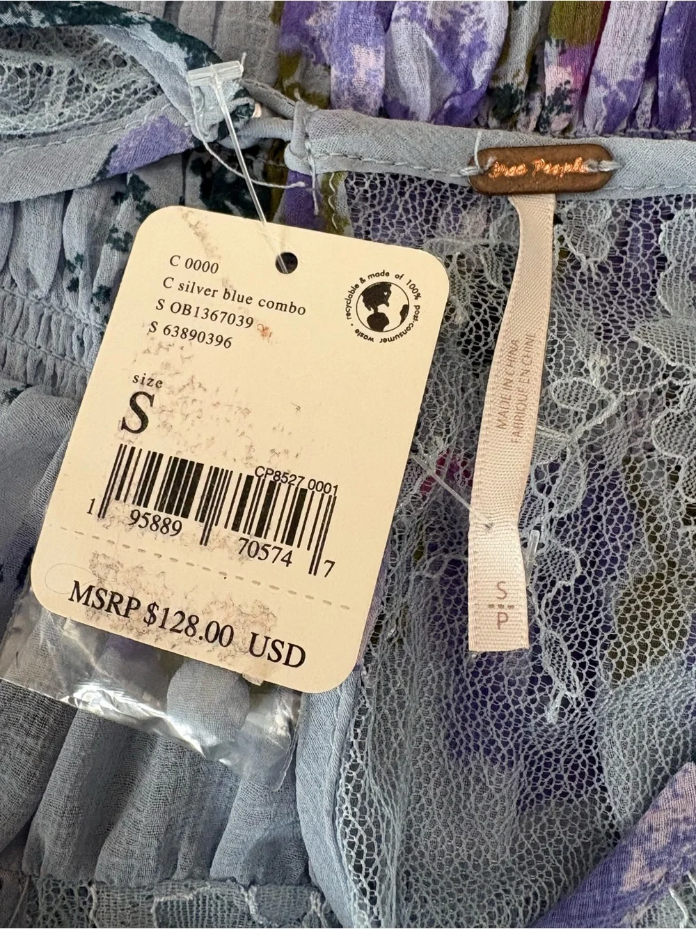 Free People Daphne Blouse in Silver Blue Combo Floral Lace Small NWT